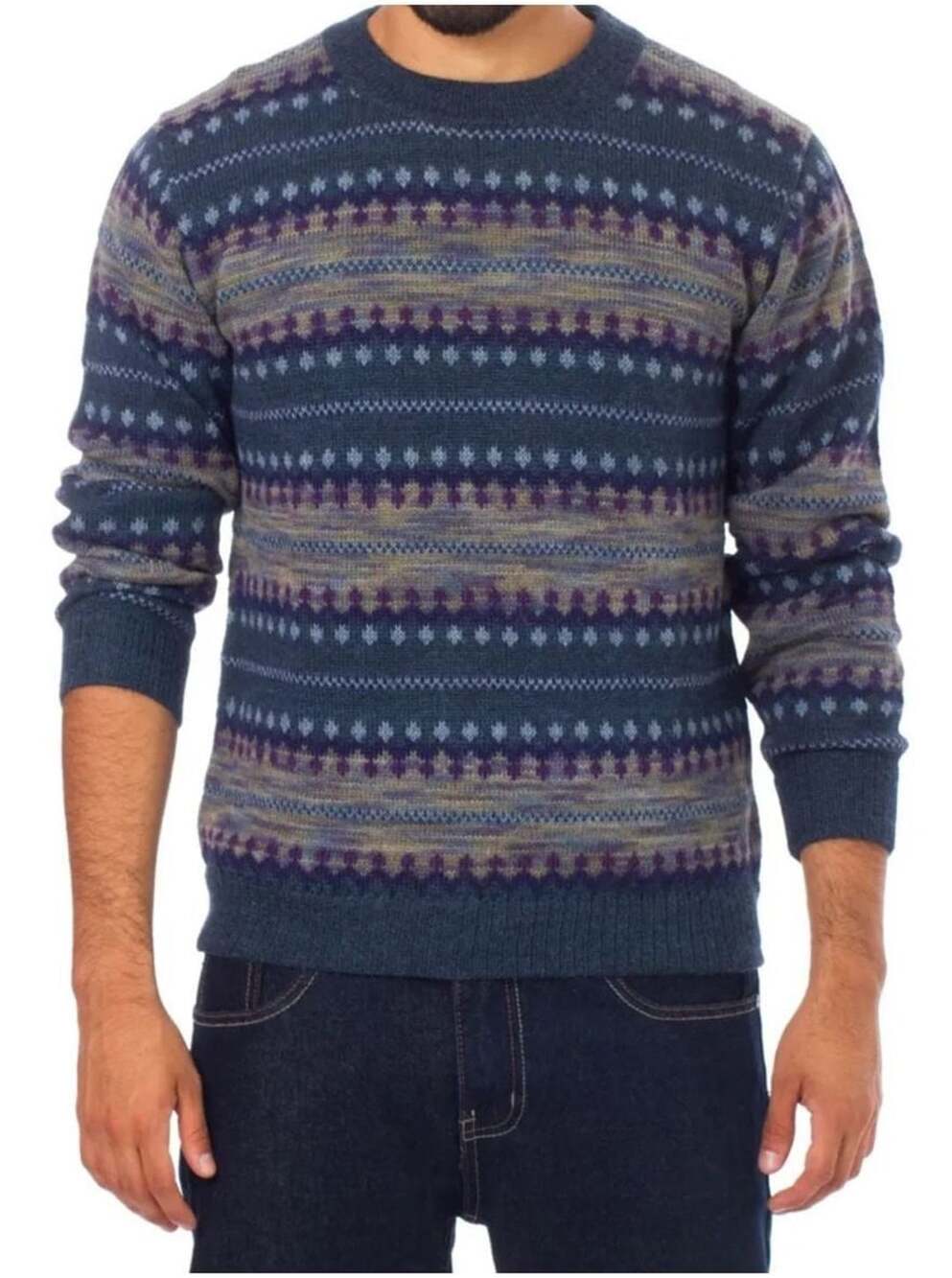 Novica Men's Blue Patterned Andean 100% Alpaca Sweater